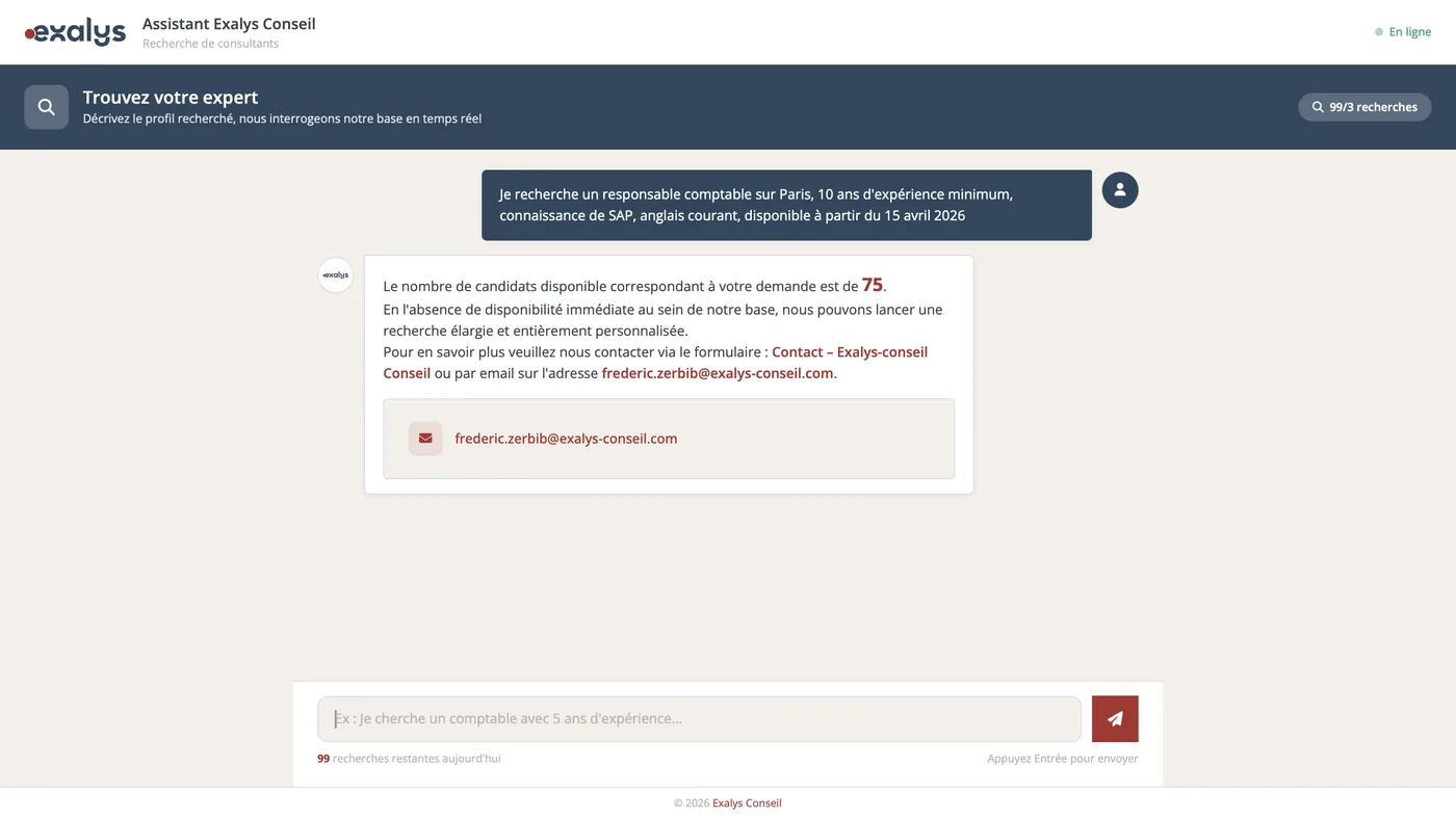 L'assistant public du site : le besoin décrit en français, le nombre de consultants disponibles en retour