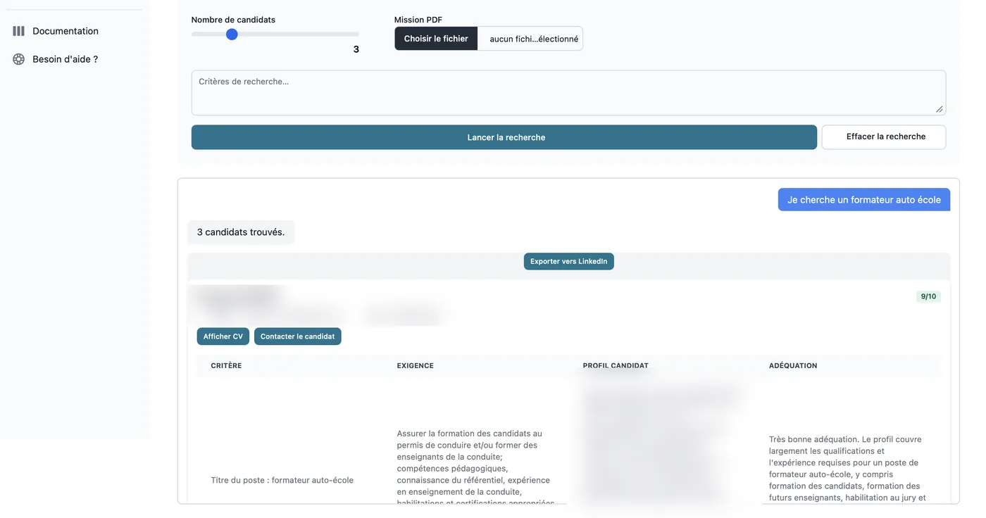 Côté organisme : la recherche, les profils trouvés, notés et justifiés critère par critère